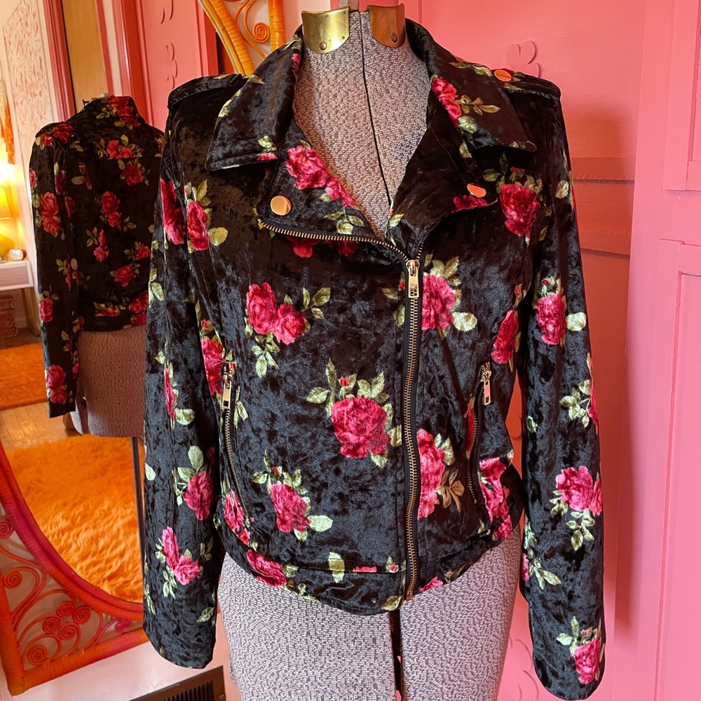 Black Velvet Moto Jacket with Red Roses